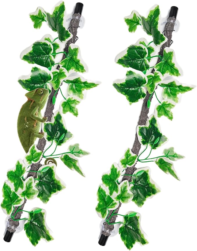 BNOSDM 2PCS Reptile Climbing Branch, Bendable Jungle Vine with Leaves Terrarium Plant Decoration with Suction Cup Chameleon Cage Accessories for Gecko Lizard Bearded Dragons Snake (White Vein Ivy)