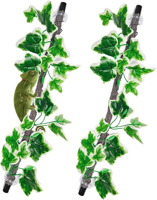 BNOSDM 2PCS Reptile Climbing Branch, Bendable Jungle Vine with Leaves Terrarium Plant Decoration with Suction Cup Chameleon Cage Accessories for Gecko Lizard Bearded Dragons Snake (White Vein Ivy)