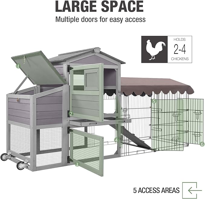 79‘’ Chicken Coop with Wheels, Wooden Hen House with Large Nesting Box, Outdoor Poultry Cage with Leakproof Pull-on Tray, Backyard Chicken Coop with Run, Weatherproof Rabbit Hutch