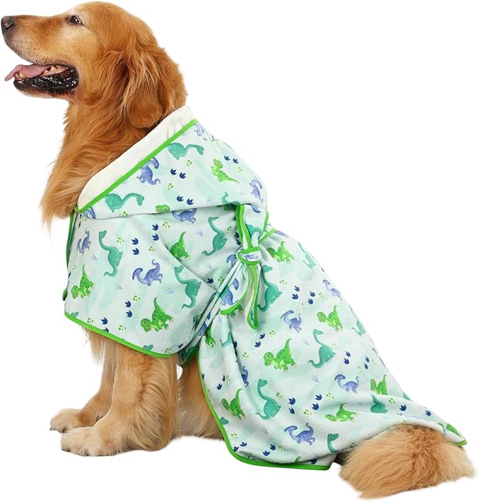 HDE Dog Bathrobe Super Absorbent Quick Drying Puppy Towel Wrap Coat Adjustable After Bath Robes with Hood for Dog Sizes S-XXL Cute Dinosaurs XL