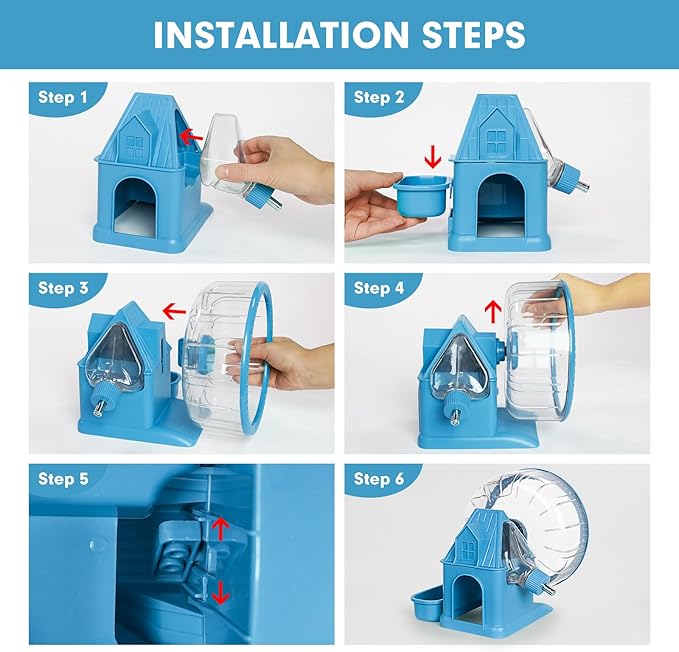 Hamster Toys 4 in 1 Multifunctional Super-Silent Exercise Toys Spinner Wheels with Water Bottle Food Container and Hideout Base Large Spinning Running Wheel for Rat Gerbils Mice (L,Blue)