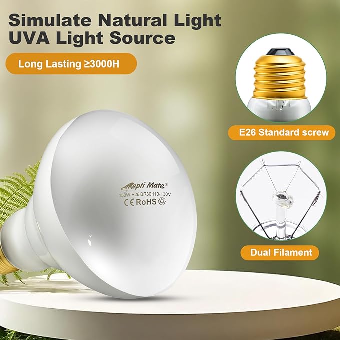 2Pack Reptile Heat Lamp, 150W Reptile Heat Emitter Infrared Basking Spot Light, UVA Daylight Heat Lamp Bulbs for Chickens Coop Reptiles Pets Brooder Use