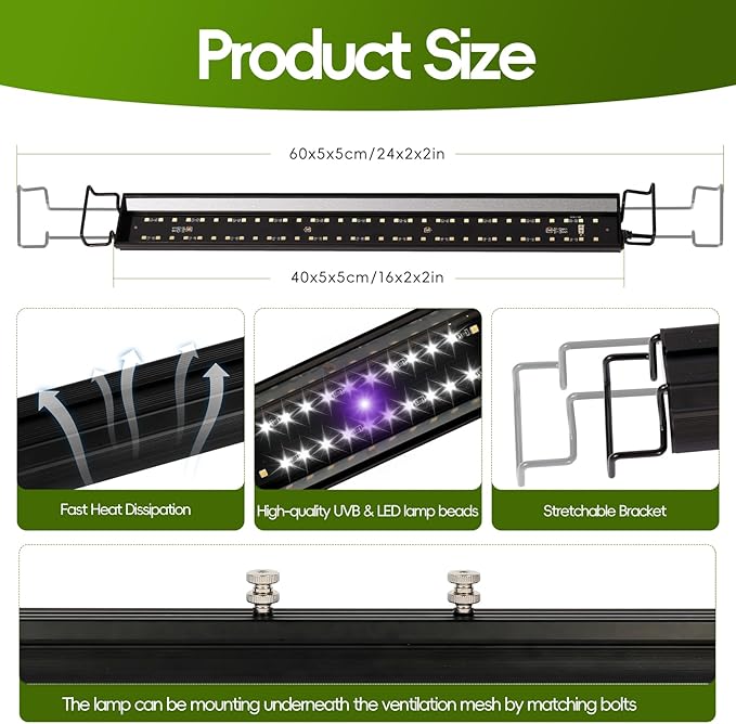 16-INCH LED UVB Light for Reptiles, LED Reptile Light Fixture Controller with Dimming and 4 UVI Modes, 15W Aluminum UVA UVB Lamp for Turtles, Snakes, and Bearded Dragons, 6500K