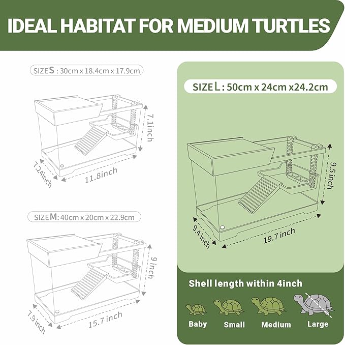 GOZILLA Aquatic Turtle Tank+Lamp+Filter Kit, Upgrade PC Turtle Tank Kit with Adjustable 360°Lamp & Filter,Reptile Habitat Lid,Hanging Platform for Small Reptiles.(19.68× 9.52× 9.44''/Large-White)
