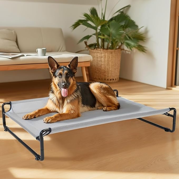 Veehoo Raised Dog Beds for Large Dogs, Washable Dog Cot with Headrest Sides, Outdoor Elevated Dog Bed with Non-Skid Feet, Breathable Mesh, Cooling Pet Hammock for Indoor or Camping, 49", Grey
