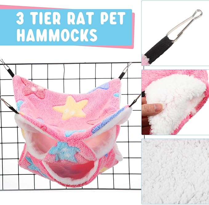 Abbylike 9 Pieces Rat Hammock 3 Tier Guinea Pig Ferret Hammocks Small Pet Hanging Tunnel Glider Toy Guinea Pig Ferret Hideout Bed Cage Accessories for Hamster(Green, Purple, Pink,Star)