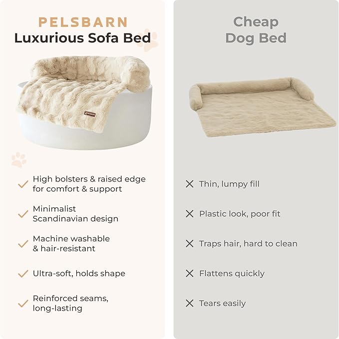 Pelsbarn Dog Bed for Couch, Luxurious Sofa Bed for Dogs with Non-Slip Oxford Bottom - Faux Rabbit Fur with Removable Cover, Small, Beige - 28x28 in