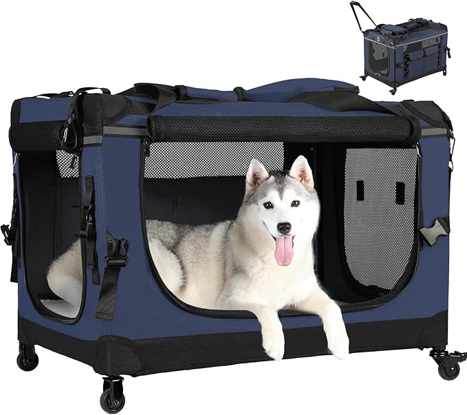 PEGIC 30IN Soft Collapsible Dog Crate w Detachable Wheels, Rolling Travel Dog Crate for Medium Breed Dogs, Portable Dog Kennel with Mesh Windows, Indoor & Outdoor Uses