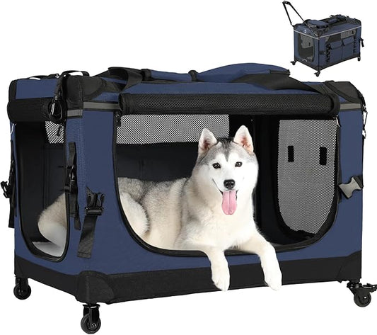 PEGIC 30IN Soft Collapsible Dog Crate w Detachable Wheels, Rolling Travel Dog Crate for Medium Breed Dogs, Portable Dog Kennel with Mesh Windows, Indoor & Outdoor Uses