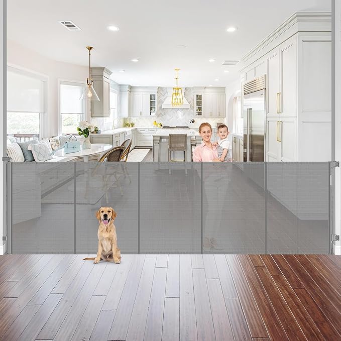 Reinforced 42" Extra Tall x 96" Wide Retractable Pet Gate with Support Rods-Prevent Crawling Under, Mesh Baby Gate Long Dog Gate Indoor/Outdoor Retractable Gate Tall Dog Gates for Doorways, Gray