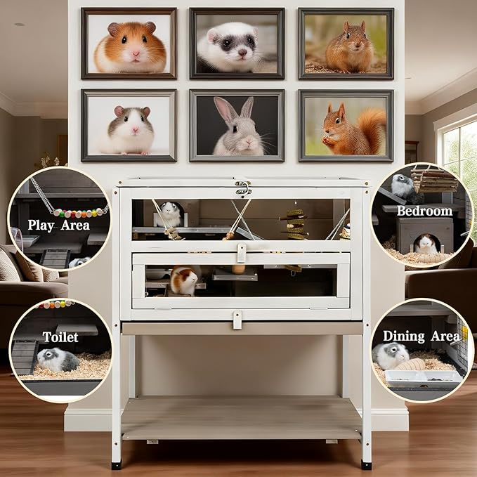 Ketive Wooden Hamster Cage Indoor with Stand and Storage Shelf, 3-Tier Small Animal Habitat with Clear Front Window, Openable Top, Anti-Chew Ramps, Hideout House, Deep Pull-Out Tray Guinea Pig cage