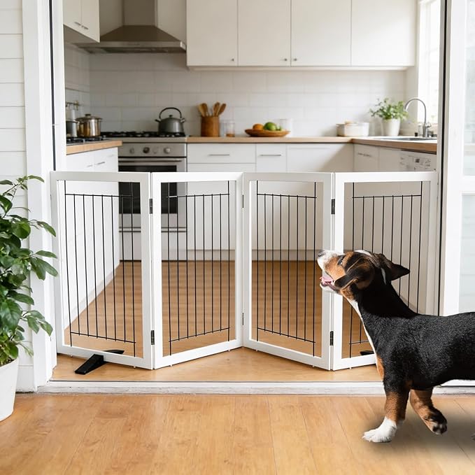 ZJSF Freestanding Dog Gate Indoor, Foldable Dog Fence for Doorways,Hallways or Stairs, Sturdy Wood Extra Wide Pet Gate with Support Feet,White,32 "Height-4 Panels