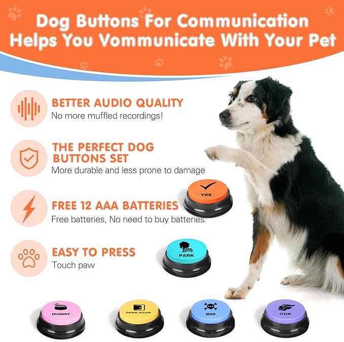 Dog Buttons for Communication,Talking Buttons for Dogs,6 Recordable Sound Buttons + 24 Scene Patterns + 1 Dog Button Mat+ 12 AAA Batteries，30 Seconds Dog Buttons for Pet Sound Training Toy
