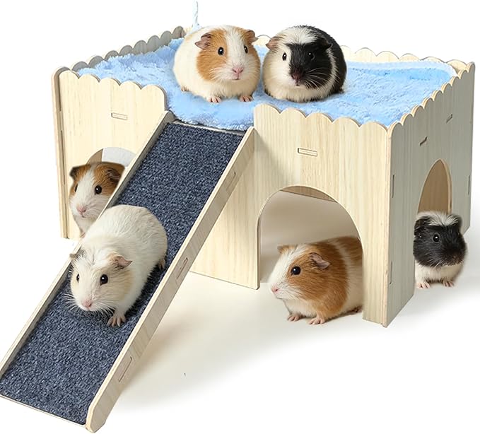 kathson Large Guinea Pig Hideout, Upgraded Guinea Pig Castle with Anti-Slip Ramp Detachable Hamster Hiding Hut Small Animal House for Hamsters Chinchillas Bunny