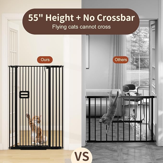 SMONTER 55" High Extra Tall Baby Gate, Safety Cat Gate for Doorways, Expands to 34.2"-38.2" Wide, Auto Close Dog Gate, No Drilling Pressure Mounted Cat Fence, Pet Gate Indoor for Stairs, Black