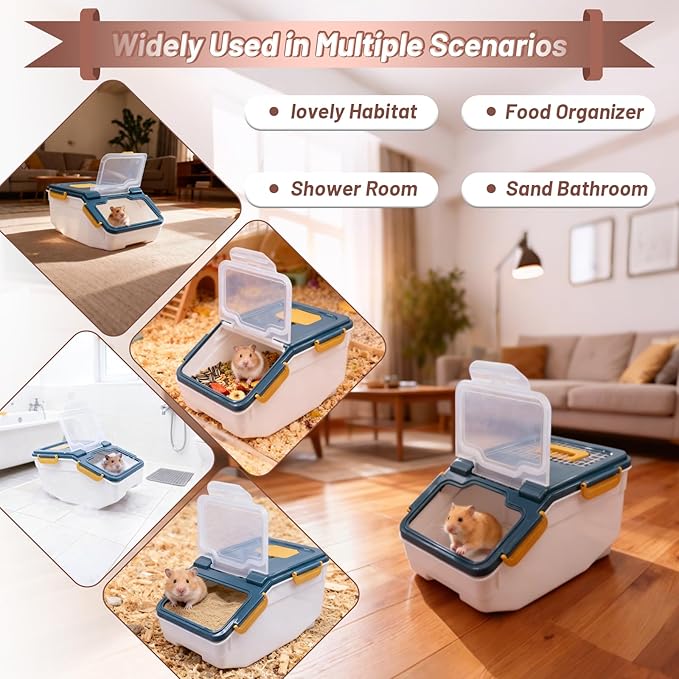 Extra Large Chinchilla Sand Bath Container Kit Plastic Dust Bath House Hamster Shower Room for Hedgehog Guinea Pig Squirrel Small Animals(Blue)