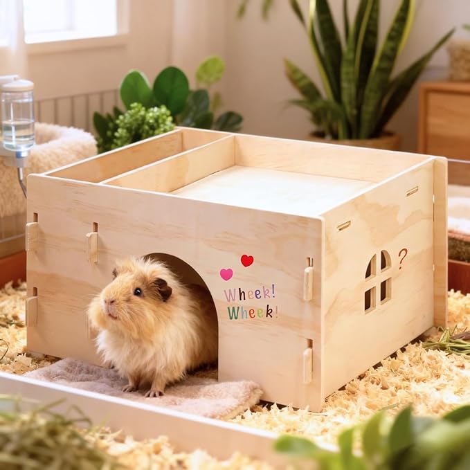 Wooden Guinea Pig Hideout House with Hay Rack - Sturdy Small Animal Habitat Hut for Chinchillas, Hamsters & Small Pets - Includes 2 Reusable Mats & 2 Letter Sticker Sets