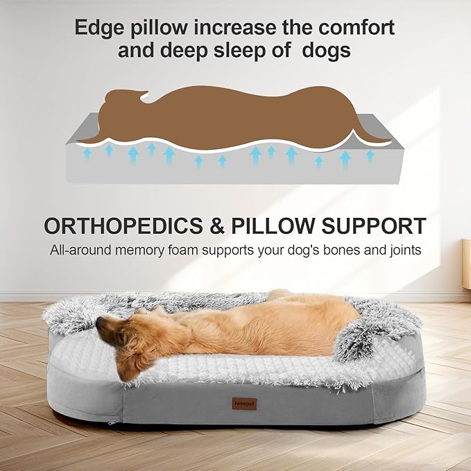 iweepet 3.7 inch Thickened Orthopedic Dog Beds for Large Dogs, Fluffy Supportive Dog Sofa Bed with 28D Egg-Crate Foam, Removable Washable Plush Cover, Waterproof Lining, Cozy Oval Design, Grey