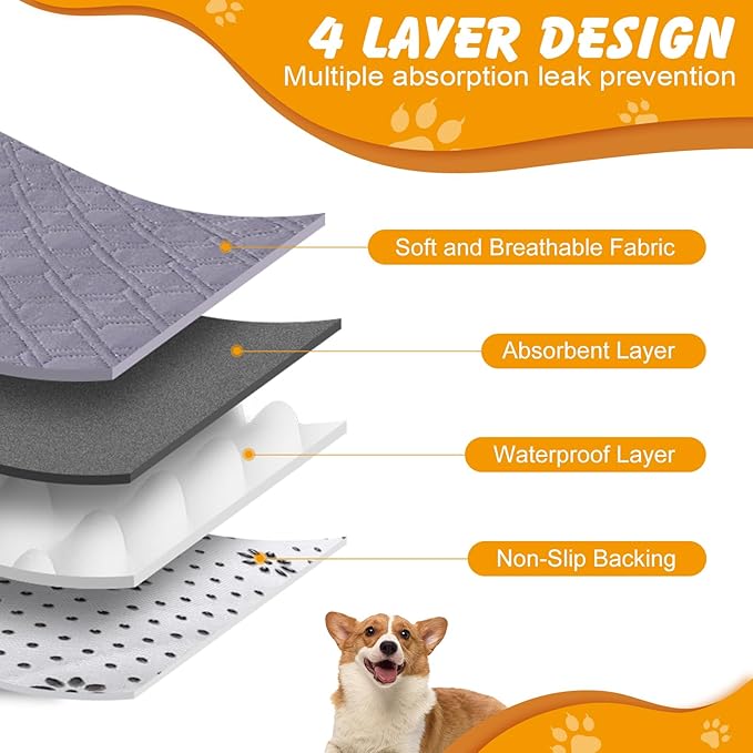 60x48 in Washable Pee Pads for Dogs, 2 Pack Reusable Puppy Pads, Waterproof Non-Slip Pet Pee Pads, 4 Layer Design Pet Training Pads for Dogs, Cats, Bunny(Grey