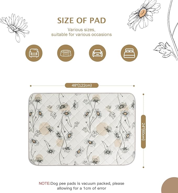IEUUMLER Washable Pee Pads for Dogs, 2 Pack Non-Slip & Waterproof Pack Whelping Pad, Reusable Washable Puppy Potty Training Pad with Fast Absorbent for Playpen EU007 (Beige Daisy, 24"X48"-2pcs)