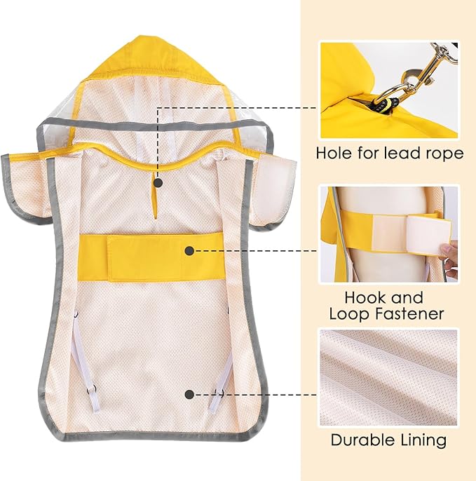 Lukovee Dog Raincoat, Adjustable Dog Rain Jacket with Clear Hooded Double Layer for Large Medium Small Dogs Puppies, Waterproof Rain Coat Poncho with Reflective Storage Pocket & Rim (Yellow, S)