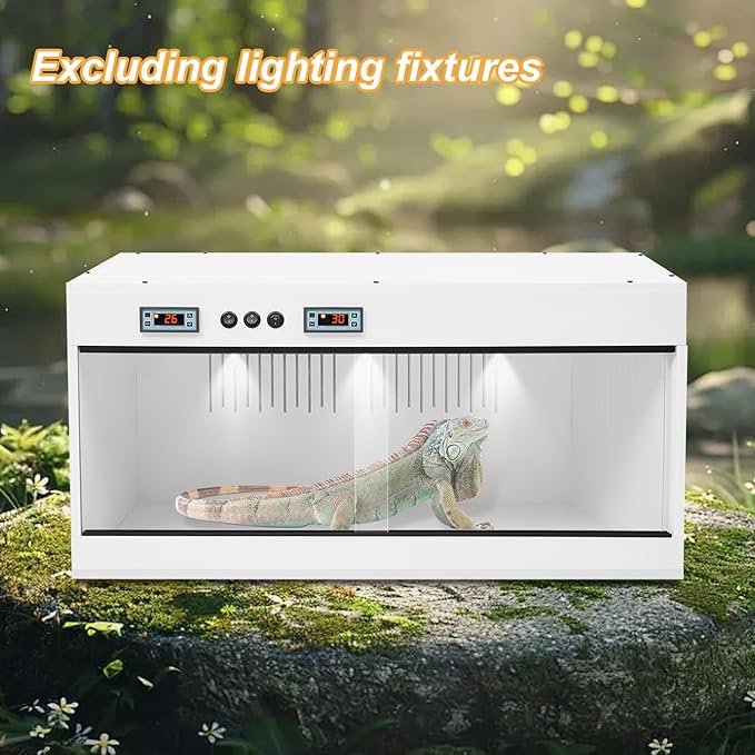 Reptile Breeding Box, Dual-Zone Temperature Controlled Terrarium Precision Thermostat Large PVC Glass Habitat with 3 E27 Lighting Heating Enclosure for Reptile Incubation Daily Feeding Display (White)