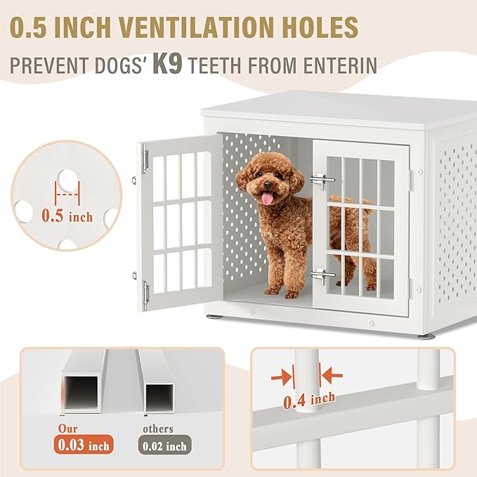 rehomerance 26" Heavy Duty Dog Crate Furniture for Small Dogs, Metal Kennel for High Anxiety Dogs, Chew Proof Pet Cage Indoor, Decorative Kennel End Table, White