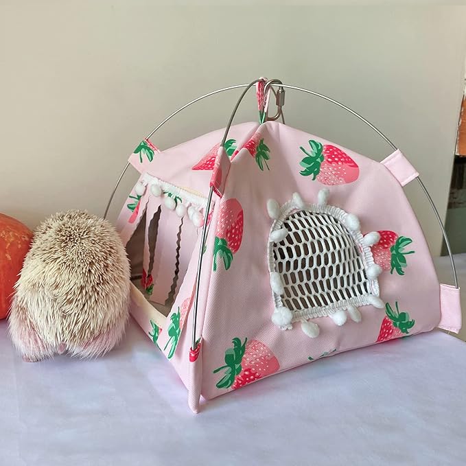 Portable Small Animal Tents House Cave Habitat Hideout with Forest Hidey Curtain for Hamster/Mice/Gerbil Rats/Guinea Pigs Hedgehog Nest Cushion Beds (Pink)