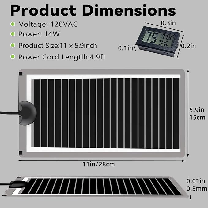 Hamiledyi Reptile Heat Pad Heating Pad Under Tank Hermit Crab Heater Hygrometer Thermometer Heat Mat for Lizard Snake Gecko Turtle Frog Spiders (14W)