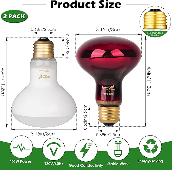 Reptile Heat Lamp Red Light Bulbs for Reptiles, 2PCS 100W Day and Night Infrared Heating Lamp Emitter UVA Daylight Basking Light Reptile Light Bulb for Bearded Dragon Lizard Turtle Gecko Snake Chicken