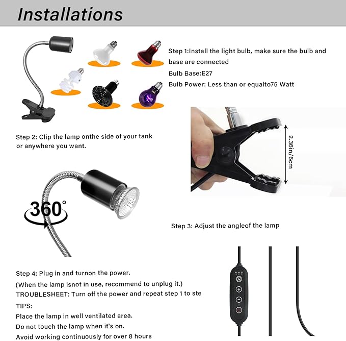 Reptile Heat Lamp with Clamp, Aquarium Turtle Tank Basking Light with 360° Rotatable, Timing, Dimming and 2 Pcs 50W UVA UVB Heat Light Bulb for Turtle, Lizard, Snake, Beared Dragon, Amphibians