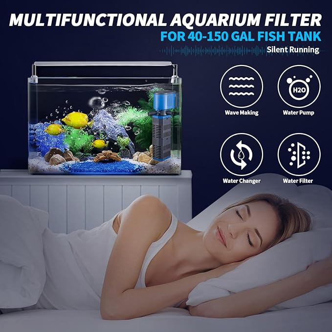 Aquarium Filter for 40-150 Gal, 4 in 1 Silent Submersible Aquarium Filter Biochemical Filtration 475 GPH Powerful Water Pump Wavemaker