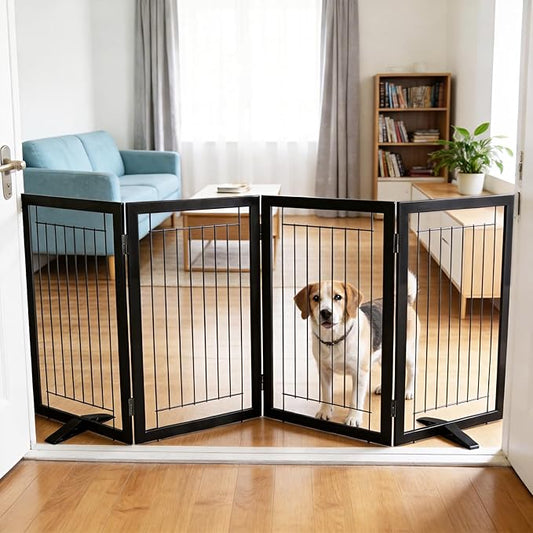 ZJSF Freestanding Dog Gate Indoor, Foldable Dog Fence for Doorways,Hallways or Stairs, Sturdy Wood Extra Wide Pet Gate with Support Feet,Black,32 "Height-4 Panels