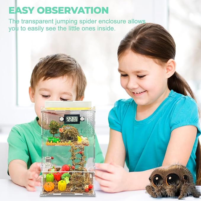Jumping Spider Enclosure,DIY Insects Habitat,Small Reptile Terrarium Glass House Accessories Set,with Temperature and Humidity Detector Water Feeder Platform Hide,5.5“x5.5”x9.5“ (Farm)