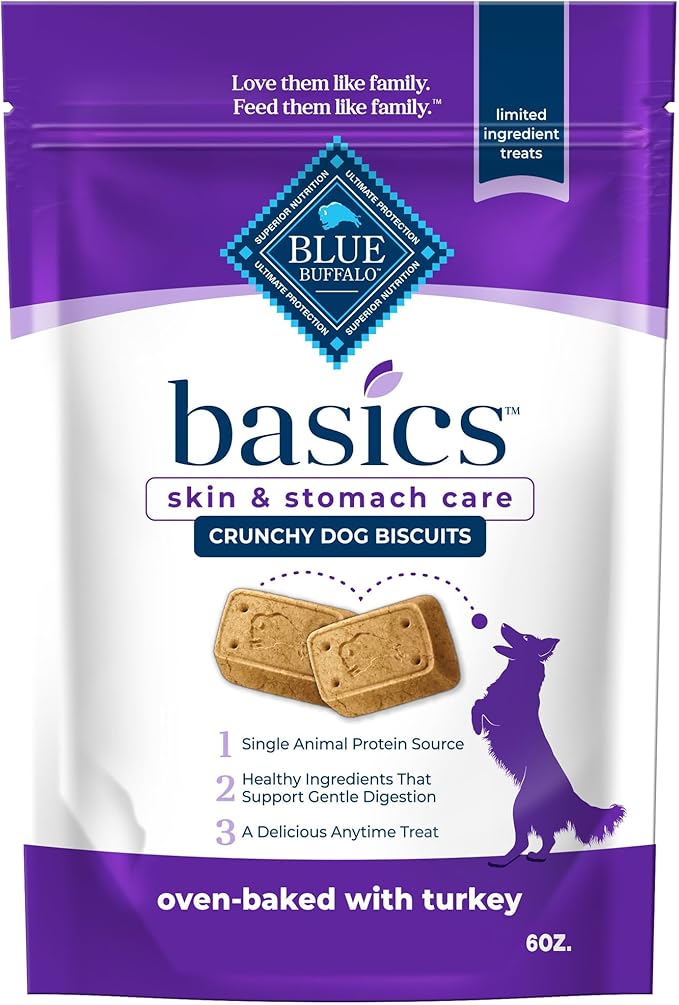 Blue Buffalo Basics Dog Biscuits, Skin & Stomach Care Crunchy Dog Treats, Turkey Recipe, 6-oz Bag (Pack of 6)