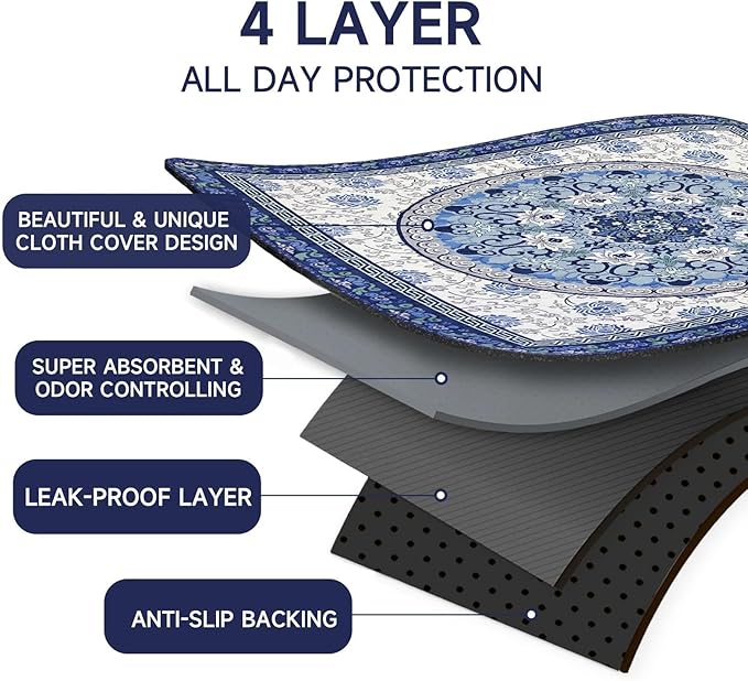 Washable Pee Pads for Dogs 4 Pack,18"x24" Waterproof Non-Slip Reusable Puppy Pad with Fast Absorbent,Leakproof Whelping Pads for Pet Housebreaking (Indigo Blue Medallion, 18"x24"(Pack of 4))