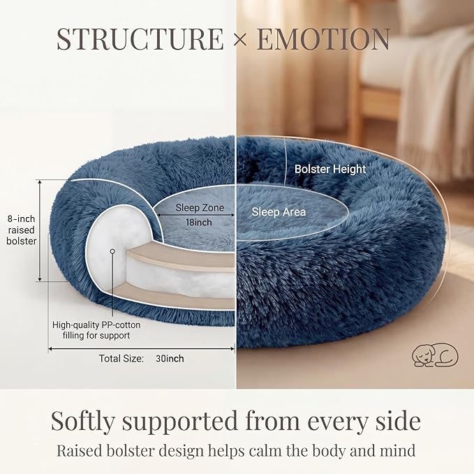 Calming Dog Bed for Medium Dogs Washable Donut 30 inches Anti-Slip Pet Bed,Round Fluffy Plush Faux Fur Cat Bed,Fits up to 45 lbs Pets,Navy Blue