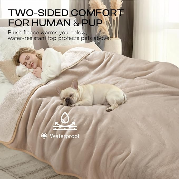 Luciphia Waterproof Pet Blanket, Liquid Pee Proof Dog Blanket for Sofa Bed Couch, Reversible Sherpa Fleece Furniture Protector Cover for Small Medium Large Dogs Cats, Khaki+Beige Medium（57" x 40"）