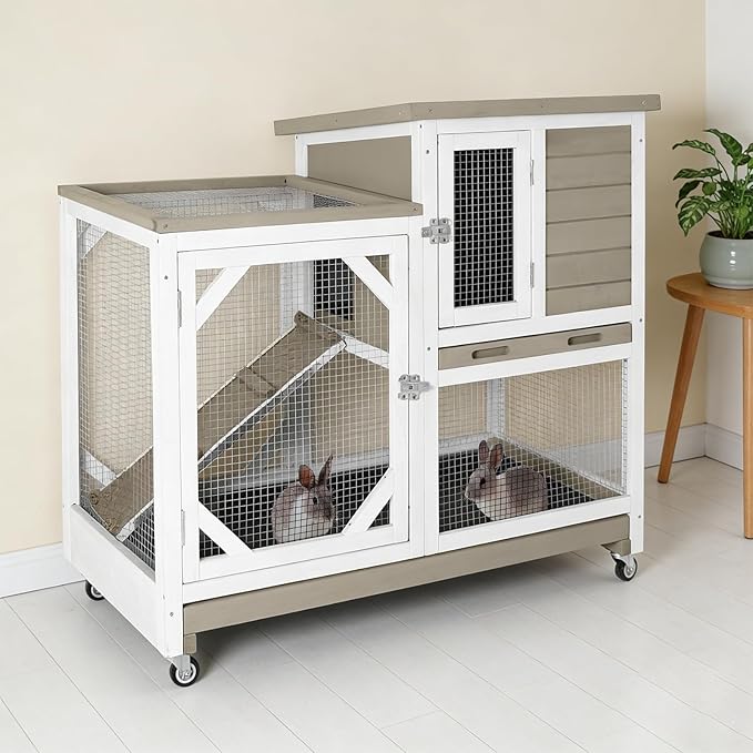 Guinea Pig Cages Indoor/Outdoor, Wooden Rabbit Hutch with Wheels, Large Rabbit House with 2-Story, Bunny Cage with Chew-Proof Ramp and Leap-Proof Trays, Waterproof Small Animals Habitat (Grey)