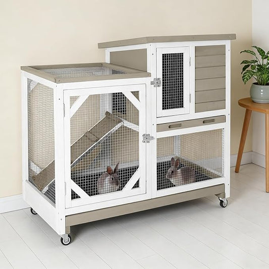 Guinea Pig Cages Indoor/Outdoor, Wooden Rabbit Hutch with Wheels, Large Rabbit House with 2-Story, Bunny Cage with Chew-Proof Ramp and Leap-Proof Trays, Waterproof Small Animals Habitat (Grey)