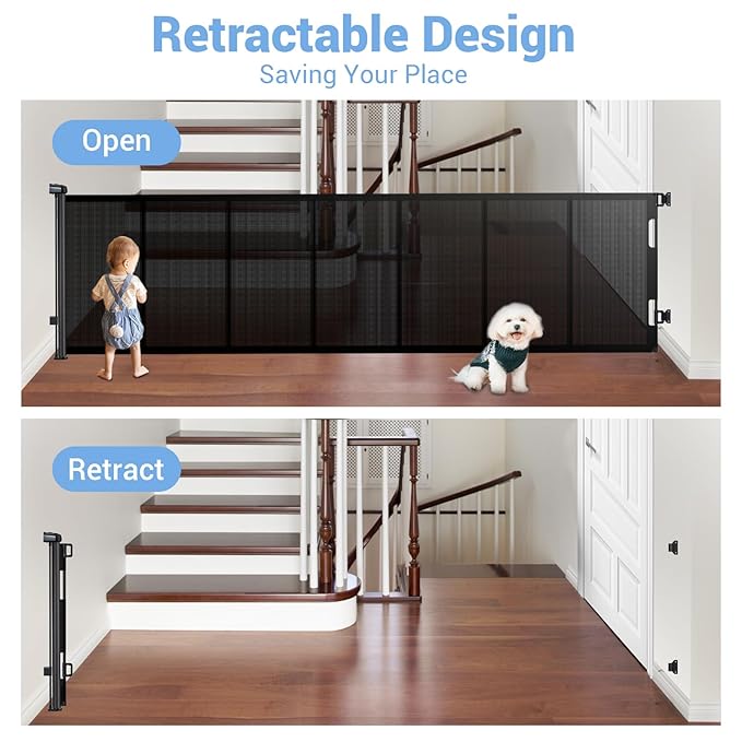 HAMOPY 120 Inch Reinforced Strip Extra Wide Retractable Baby Gate, 33" Tall, Prevent Crawling Through, Wide Extra Long Child Safety Gate for Indoor Baby Fence, Outdoor, Stairs, Deck(Black)