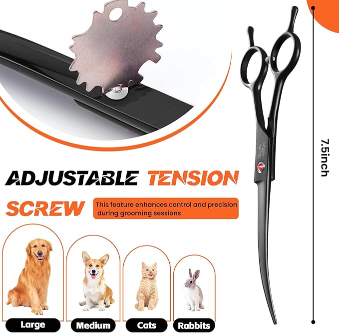 JASON 7" Dog Grooming Scissor - Professional Down-curved Shear with Ergonomic Handle Japanese Stainless Steel Hair Scissor for Dogs, Cats and Other Pets, Sharp (Down-curved, Black) Christmas Gift