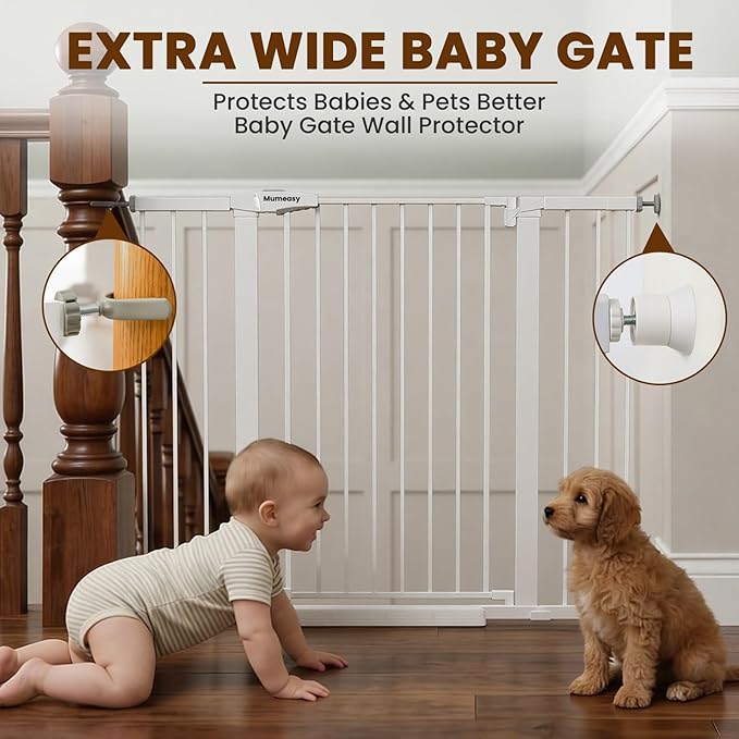Mumeasy 36" Extra Tall Baby Gate for Stairs, 29.7-48" Wide Dog Gate for Doorways, Walk Thru Pet Safety Gate for Indoor, Pressure Mounted with Auto Close, Easy Install No Drill for Toddlers, White