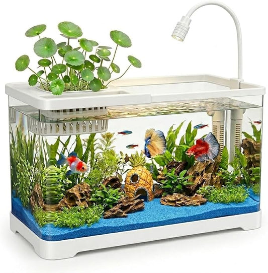 4 Gallon Fish Tank Aquarium Starter Kit with USB LED Light & Quiet Filter, Large Desktop Betta Tank with Decorations, Starter Aquarium for Home Office(Medium White)