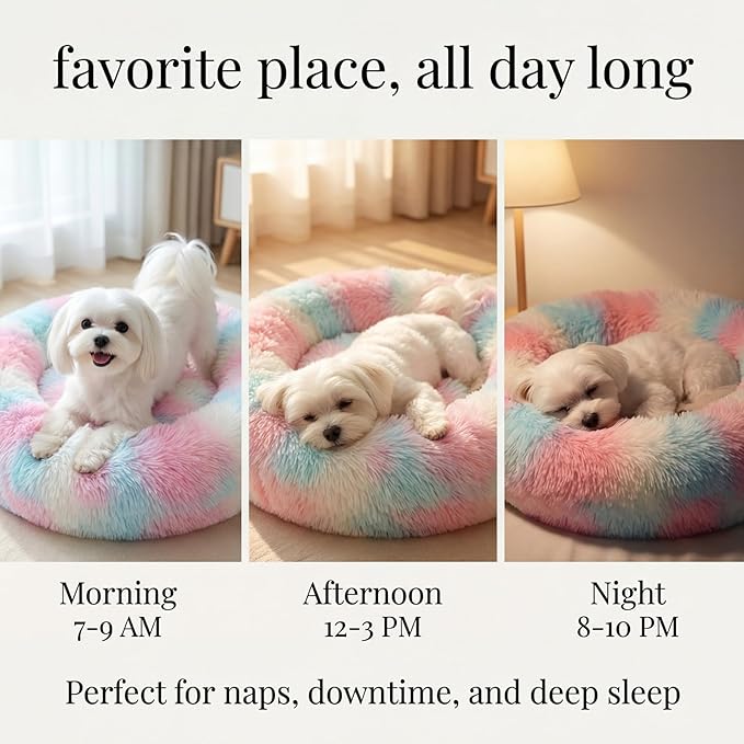 Calming Donut Dogs Beds for Small Dogs Washable,23inch Plush Round Pet Bed for Cozy Sleep,Fluffy Faux Fur Large Cat Bed,Fits up to 25 lbs Pets,Multi Colored