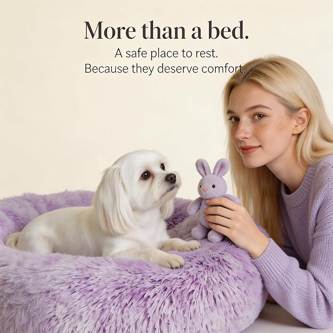 Calming Donut Dogs Beds for Small Dogs Washable,23inch Plush Round Pet Bed for Cozy Sleep,Fluffy Faux Fur Large Cat Bed,Fits up to 25 lbs Pets,Gradient Purple