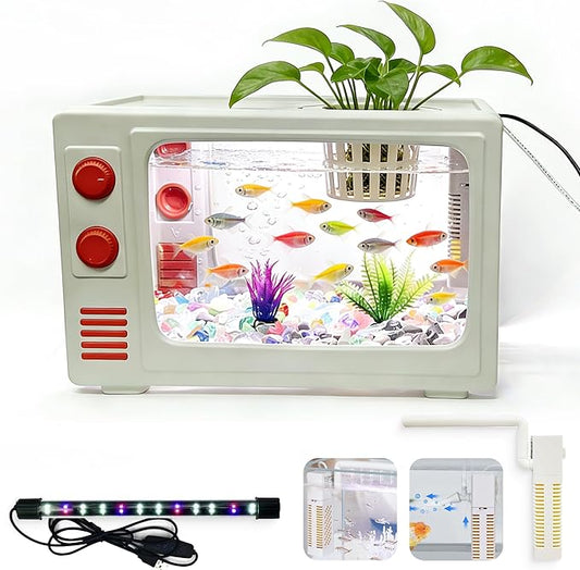 3 Gallon Fish Tank Aquarium Kit with LED Lights, Filter & Plant Planter - Retro TV Shaped Design Desktop Water Garden for Betta/Goldfish (White - 3 Gallon)