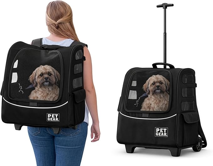 Pet Gear I-GO2 Pus Traveler Roller Backpack, Travel Carrier, Car Seat for Cats/Dogs, Mesh Ventilation, Included Tether, Telescoping Handle, Storage Pouch, Dark Charcoal