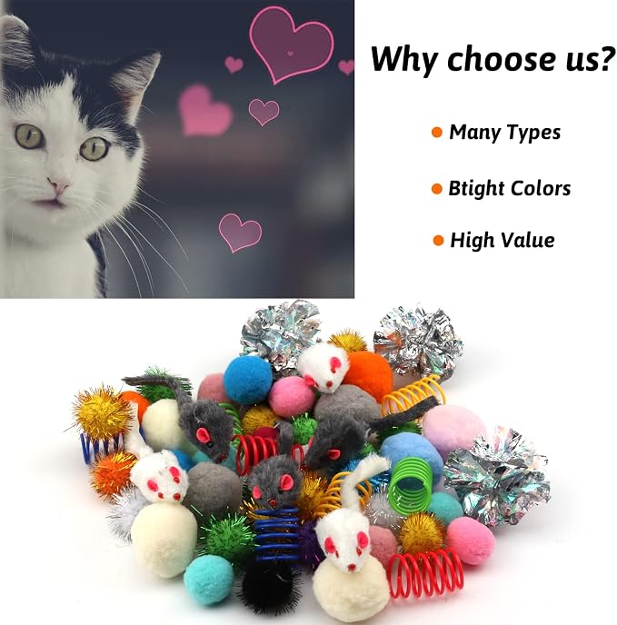 60 Pack Cat Toys - Assorted Kitten, Mouse, Crinkle & Pom Pom Balls - Image 3