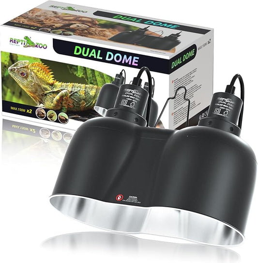 REPTI ZOO Dual Reptile Light Fixture, Max 150W Dual Dome Heat Lamp Fixture with Independent Switches Reptile Tank Accessories UVB Light Fixture (Bulb Not Included)